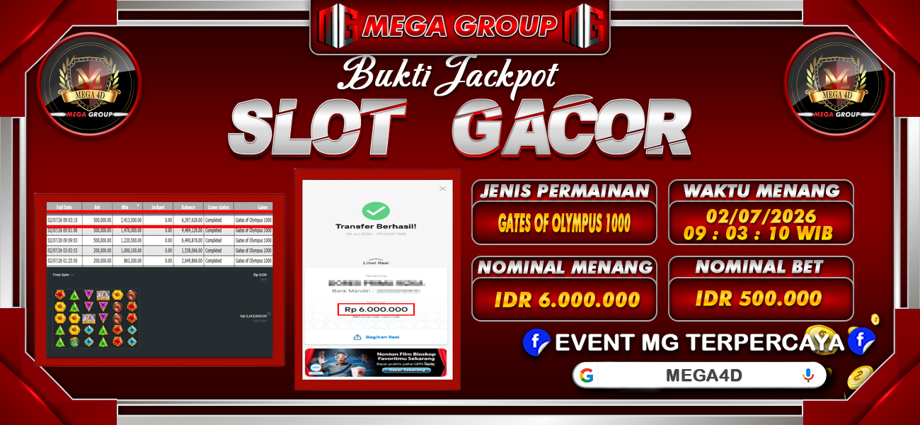 Bukti JP situs Mega4D hari Kamis, 02 Juli 2026